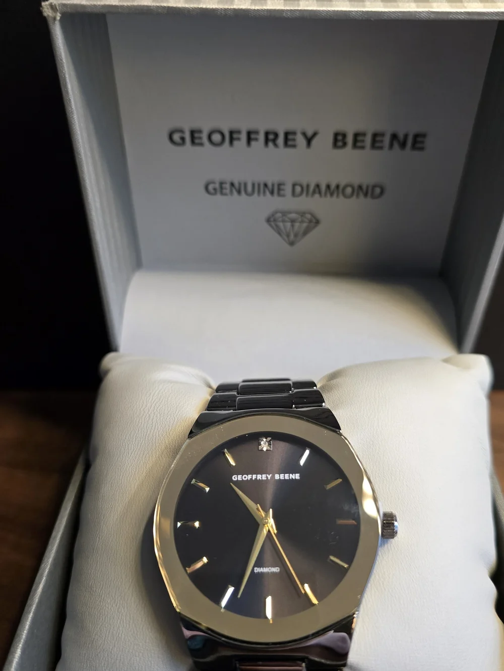 Geoffrey Beene Black Dial Diamond Accent Watch With Gunmetal Band- NEW!